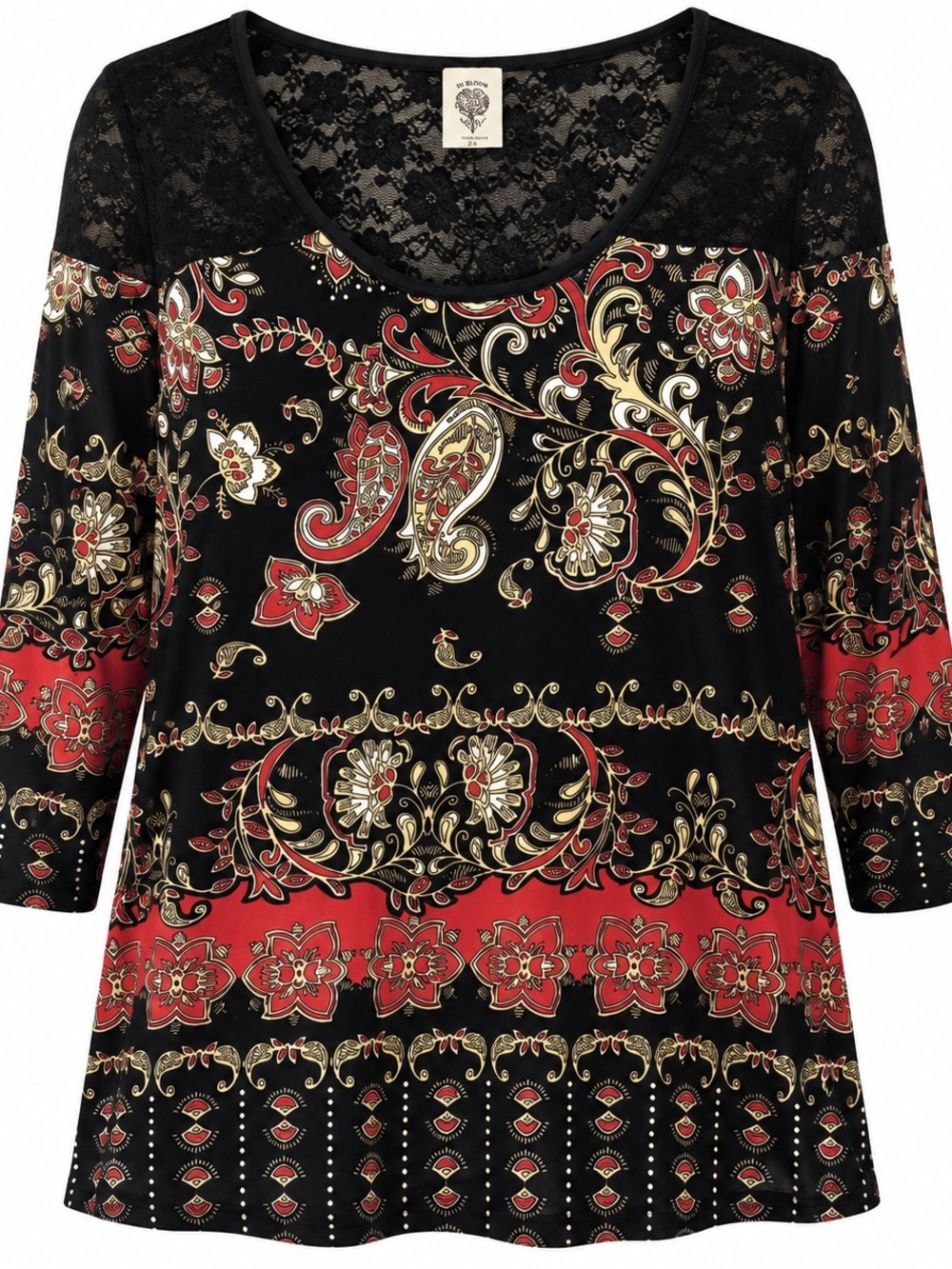 In Bloom 1X Top Shirt Black Paisley Scoop Neck 3/4 Sleeve Lace Back Stretch P11